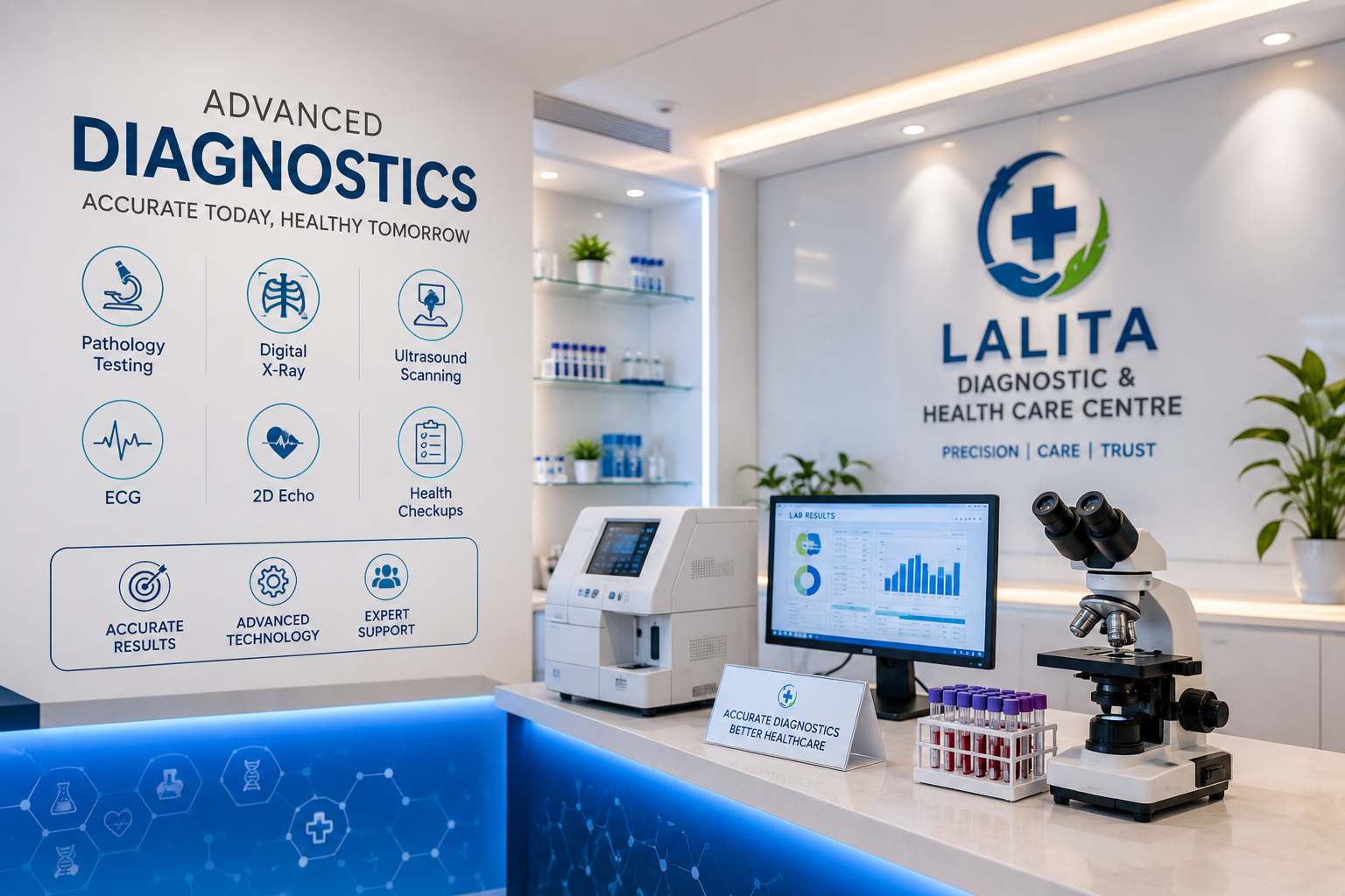 Modern diagnostic laboratory interior with advanced medical testing equipment at Lalita Diagnostic & Health Care Centre
