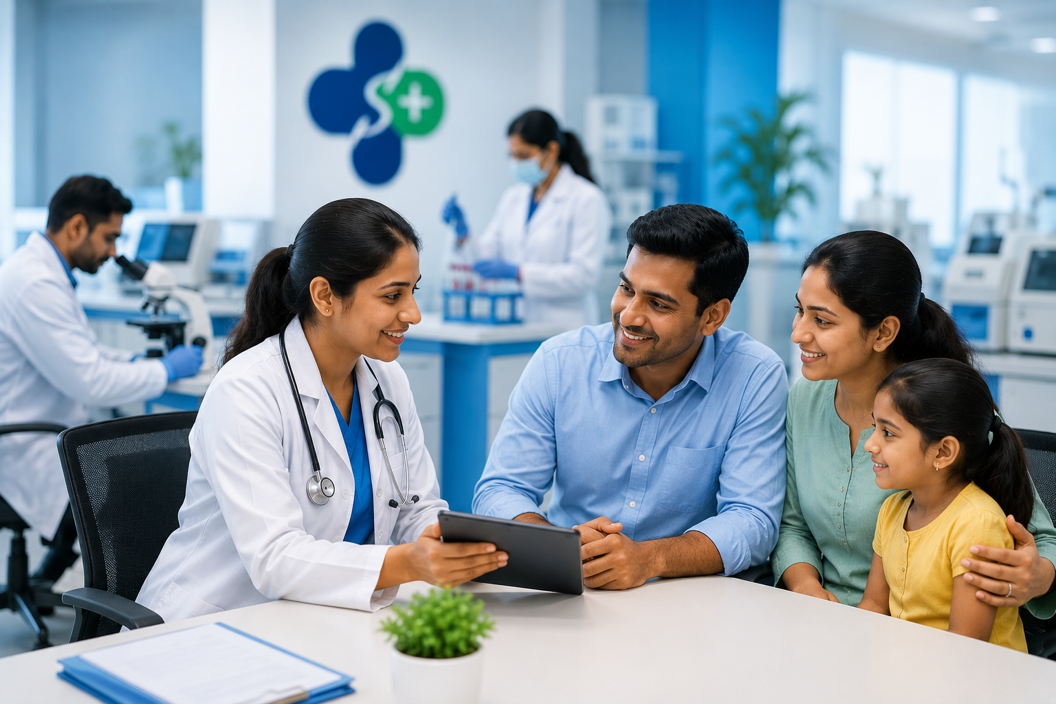 Modern diagnostic healthcare consultation with doctor, family, and advanced medical laboratory environment at Lalita Diagnostic & Health Care Centre