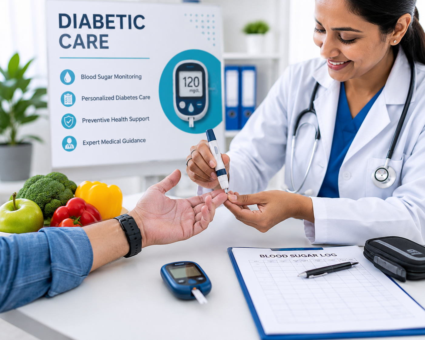Professional diabetic care consultation with blood sugar monitoring and expert healthcare support at Lalita Diagnostic & Health Care Centre