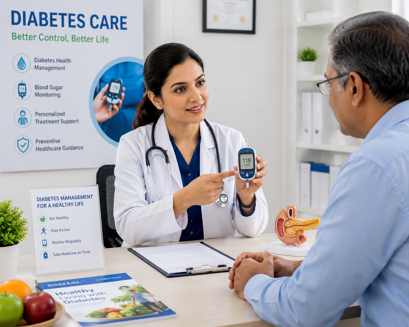 Professional diabetologist consultation with diabetes management support and blood sugar monitoring at Lalita Diagnostic & Health Care Centre