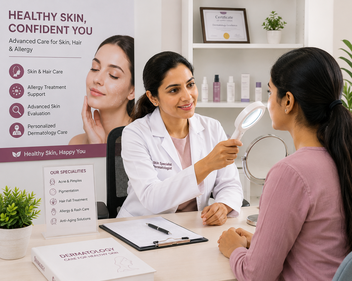 Professional skin specialist consultation for healthy skin, hair care, and allergy treatment support at Lalita Diagnostic & Health Care Centre